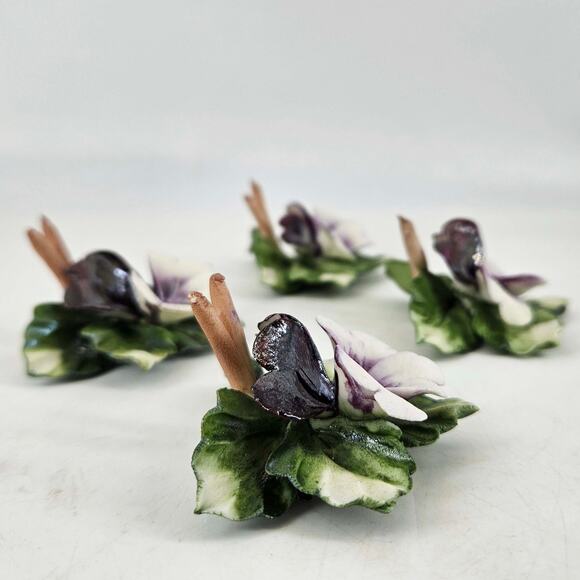 Set of 4 Italian Capodimonte Porcelain pansy pansies Placecard Holders - Picture 3 of 4